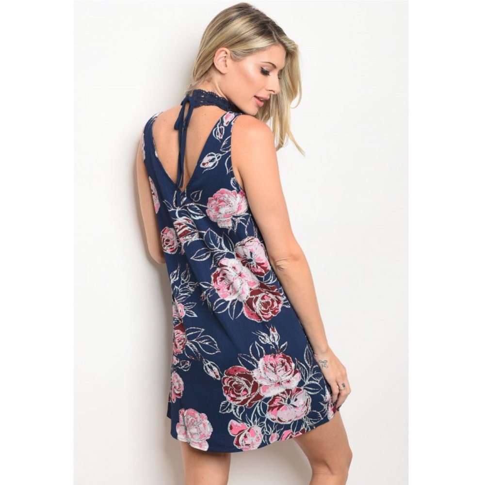 Navy Floral Choker Dress - Picture 2 of 7